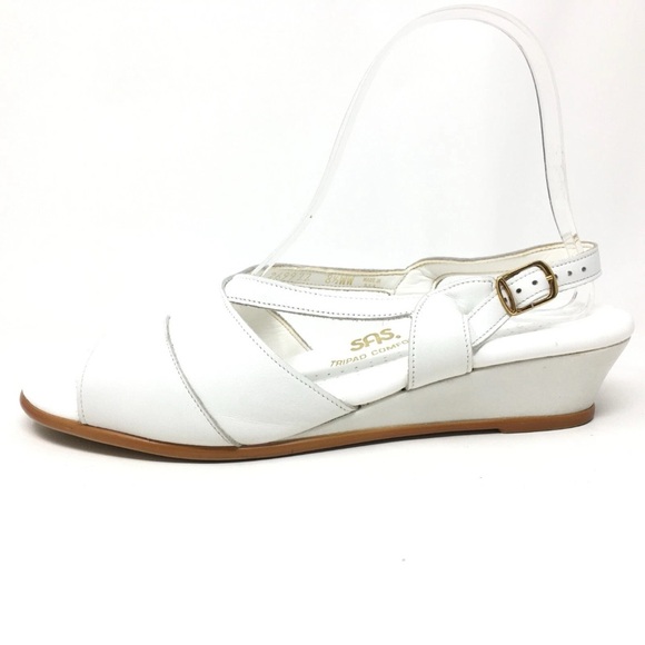 SAS Caress Low Wedge Strappy White Tripad Comfort Leather Sandals 8M Pre-Owned - Picture 5 of 8